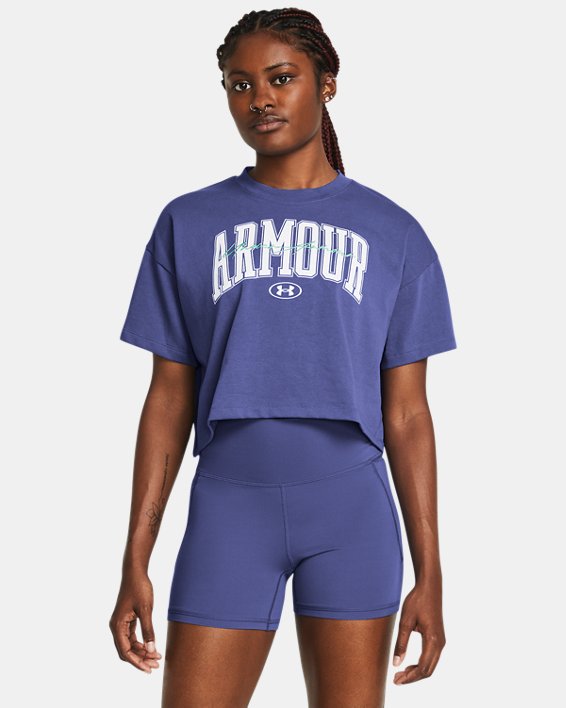 Damesshirt UA Heavyweight Scripted Wordmark Crop met korte mouwen, Purple, pdpMainDesktop image number 0